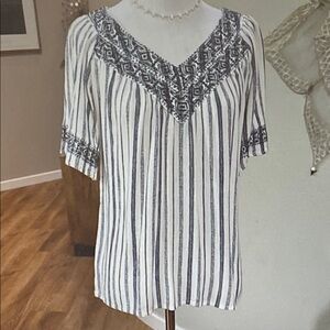 Knox Rose Black and White Striped Blouse with Embroidery